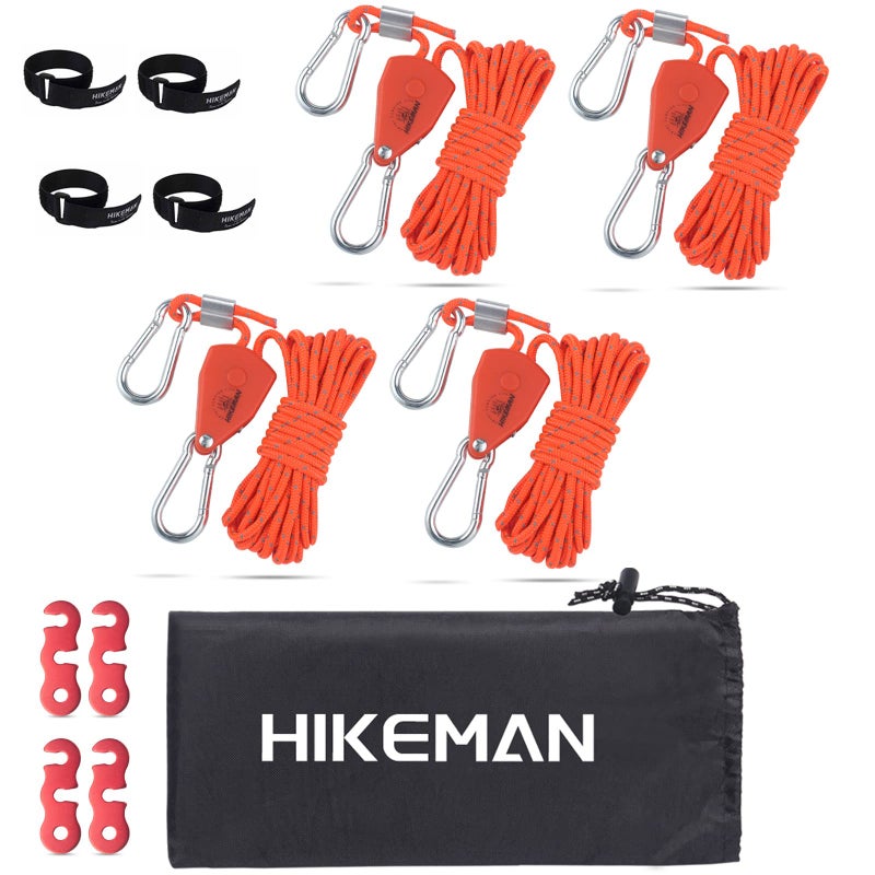 Hikeman Camping Rope with Ratchet Pulley Quick Setup Outdoor Guy Lines Adjustable Tent Tie Downs Rope Hanger for Canopy Kayak and Canoe Grow Light (4PCS Orange) - Image 1